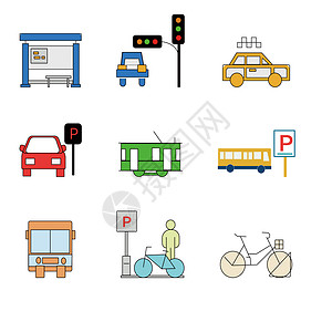 交通信号牌线面结合交通图标插画