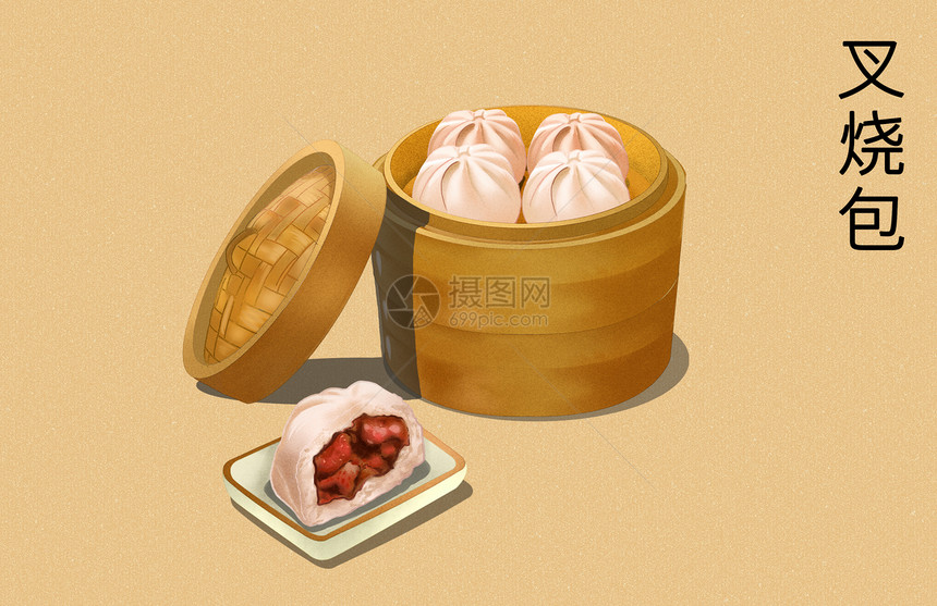 美食小吃蒸笼叉烧包插画图片