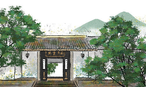 古建筑景色岳麓书院水墨画插画