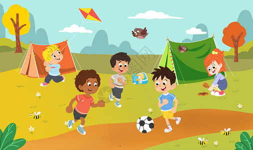 小孩户外运动夏令营小朋友户外运动插画