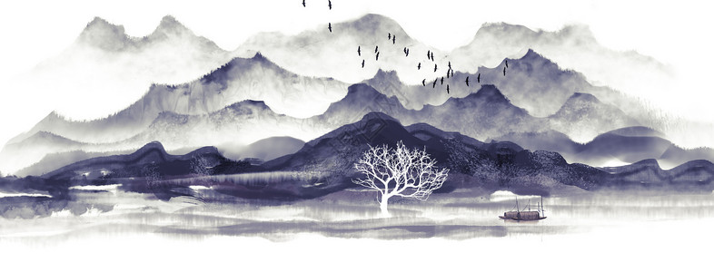 太阳飞鸟和高山中国风水墨山水画插画