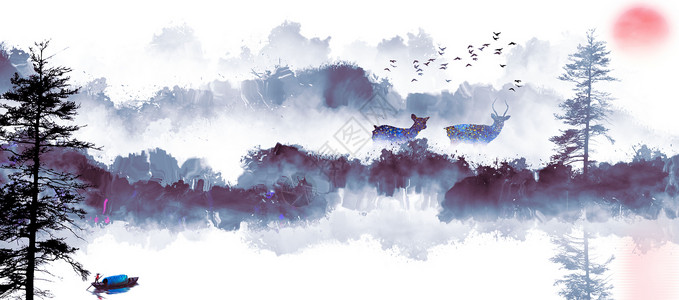 森林风景壁画中国风水墨山水画插画