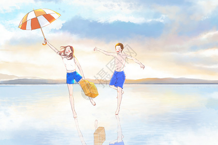 情侣跳伞在海边一起旅行奔跑插画
