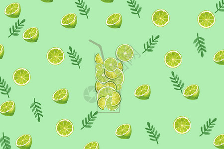 璃杯绿色柠檬背景插画