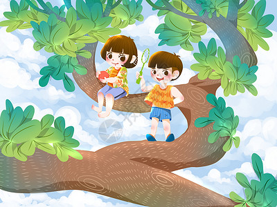 树上的女孩手绘童年暑假的夏天插画