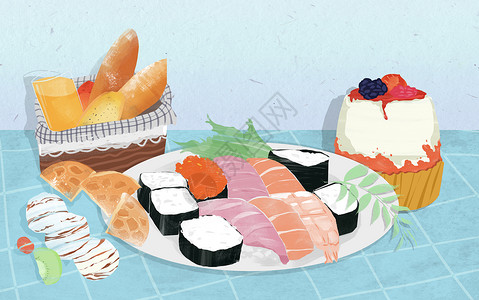 蓝色美食背景丰富的食物插画插画