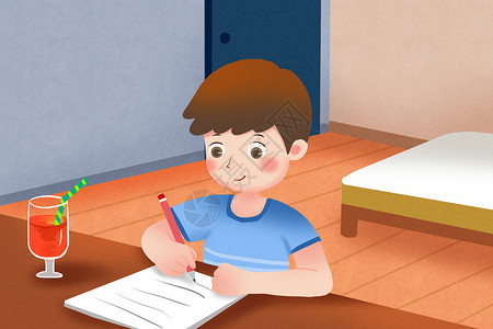 课本坐在书本旁的快乐小男孩做作业插画