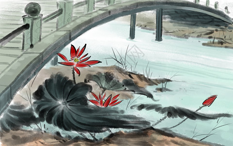 园林水中国风荷花插画