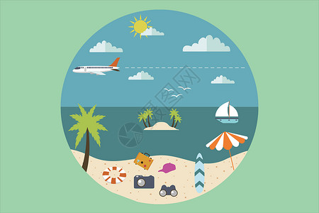 郊游旅行行李箱海滩风景插画