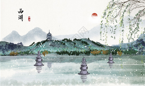 西湖水墨画传统圆框画高清图片