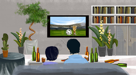 看电视场景看世界杯插画场景插画