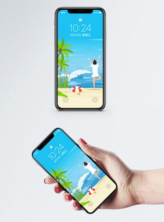 白云海滩夏天海边手机壁纸模板
