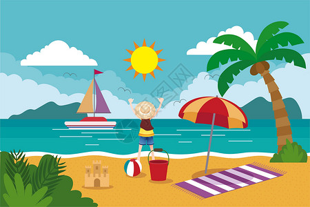 椰树与太阳边框海边女孩插画