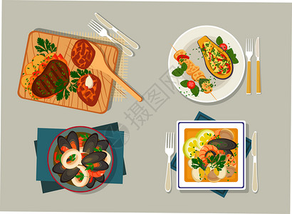 海鲜与蔬菜中西餐美食插画
