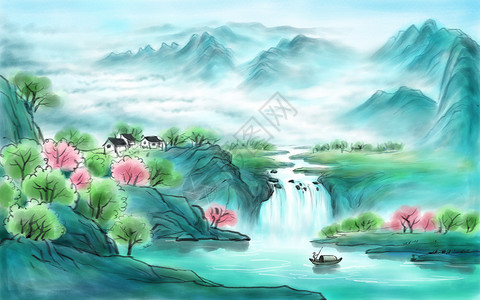 清水绿水水墨山水画背景插画