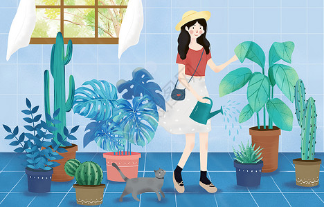 热带花园手绘夏天女孩插画