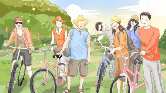 骑自行车青年郊外夏令营插画