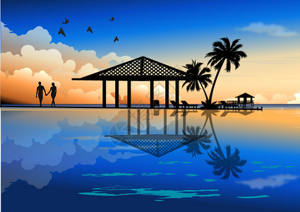 椰树剪影海边度假的情侣插画