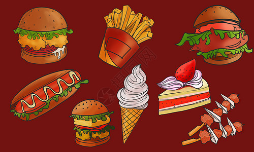 烧烤汉堡一组快餐食品插画