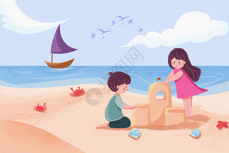 沙子城堡夏日海滩插画
