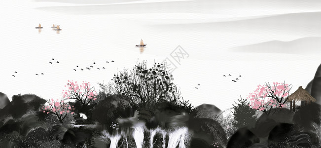 飞鸟照片素材中国风水墨山水画插画