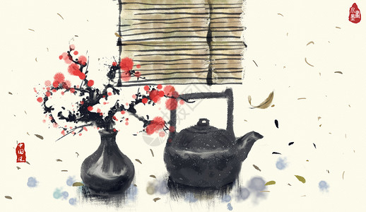 茶与健康中国风水墨茶艺插画