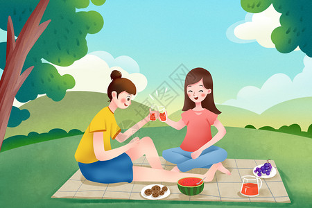 户外野餐食物闺蜜假期草地野餐插画