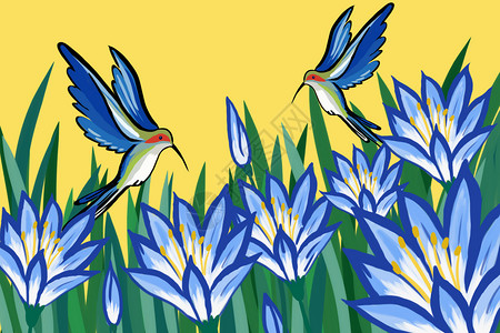 黄色的蜂鸟鸟与花插画