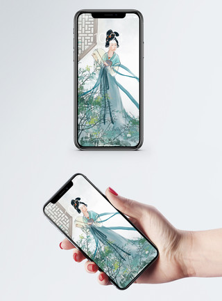 弹古筝的古代女子中国风手机壁纸模板