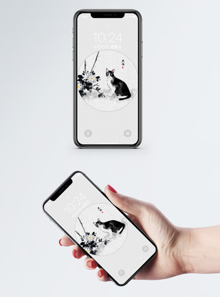 少女和猫插画猫手机壁纸模板