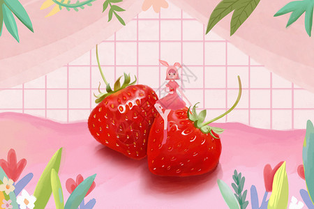 小瓷砖草莓女孩插画