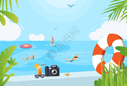 夏日果汁背景暑假海边度假插画