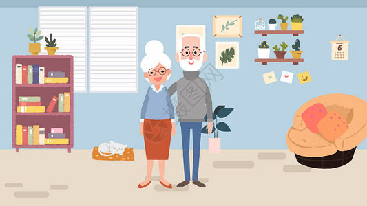 老奶夫妇矢量清新柔色老年人惬意生活唯美插图插画