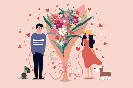 鲜花和女孩鲜花爱情插画