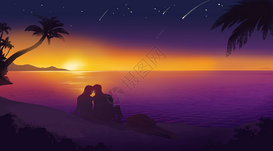 夕阳海边情侣浪漫背景图片