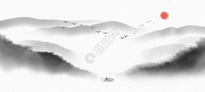 渔夫海报山水中国风背景插画