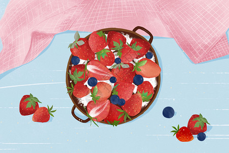 蓝莓牛奶草莓水果沙拉插画