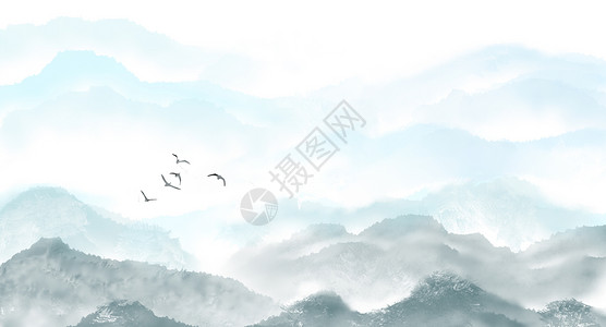 透明飞鸟素材中国风山素材背景插画