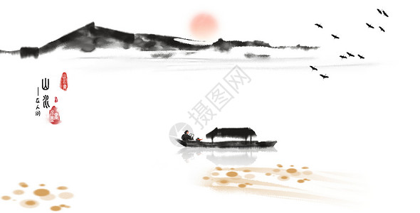 渔民小屋中国风水墨山水插画