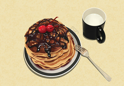 巧克力牛奶点心下午茶甜点樱桃巧克力酱松饼插画插画