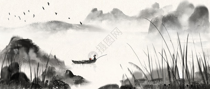 飞鸟照片素材中国风水墨山水画插画