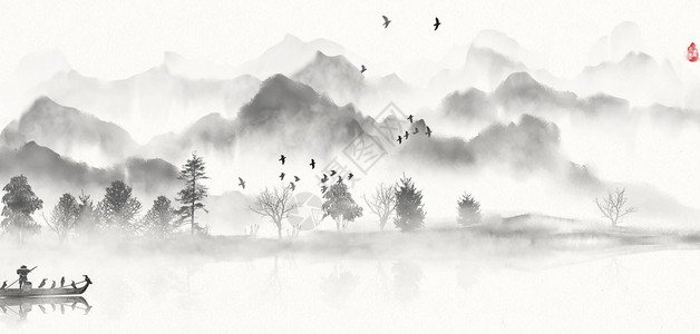 酒店景观中国风水墨山水画插画