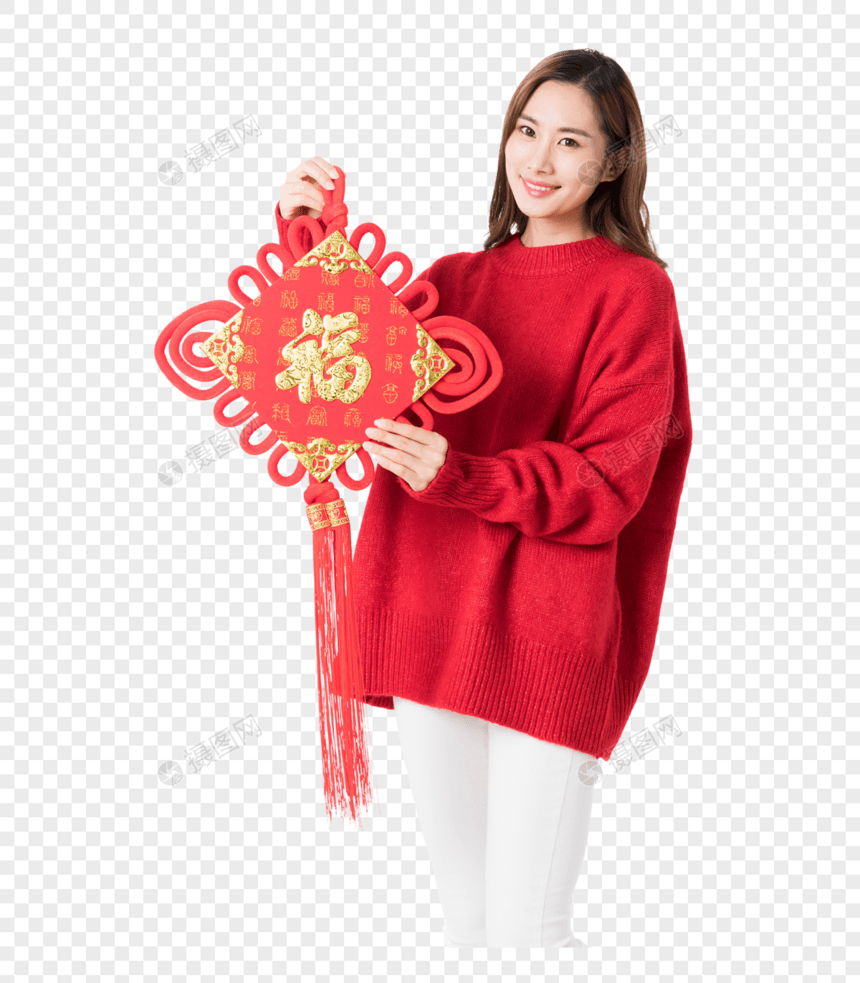 新年女性拿红色中国结图片