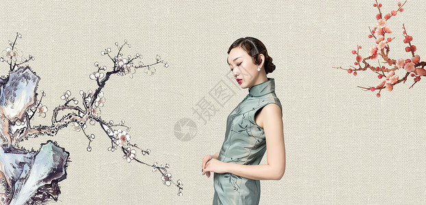 画眼影的美女中国风背景设计图片