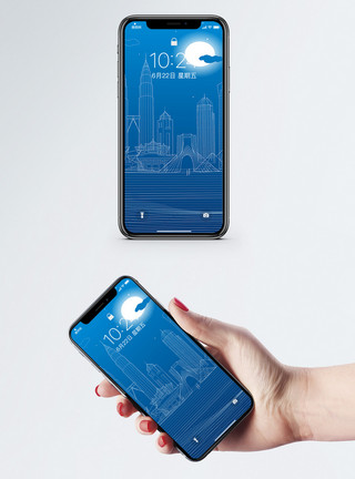 城市夜景蓝色创意线条城市手机壁纸模板
