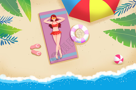 美女泳衣夏季海边度假插画