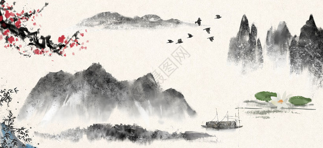 古典现代中国风水墨山水画插画