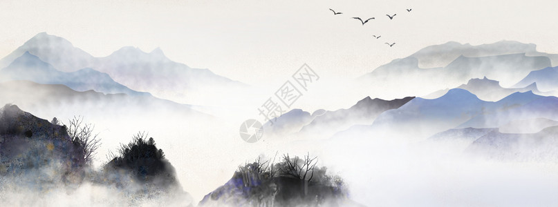 古典现代中国风水墨山水画插画