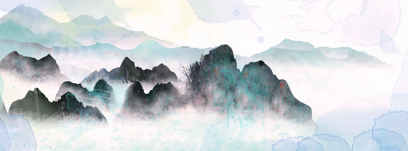 一座山丘中国风水墨山水画插画