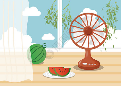 盘子里的西瓜西瓜风扇处暑背景插画
